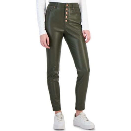 Tinseltown Juniors Exposed Faux Leather Button-Fly Pants in Olive Green