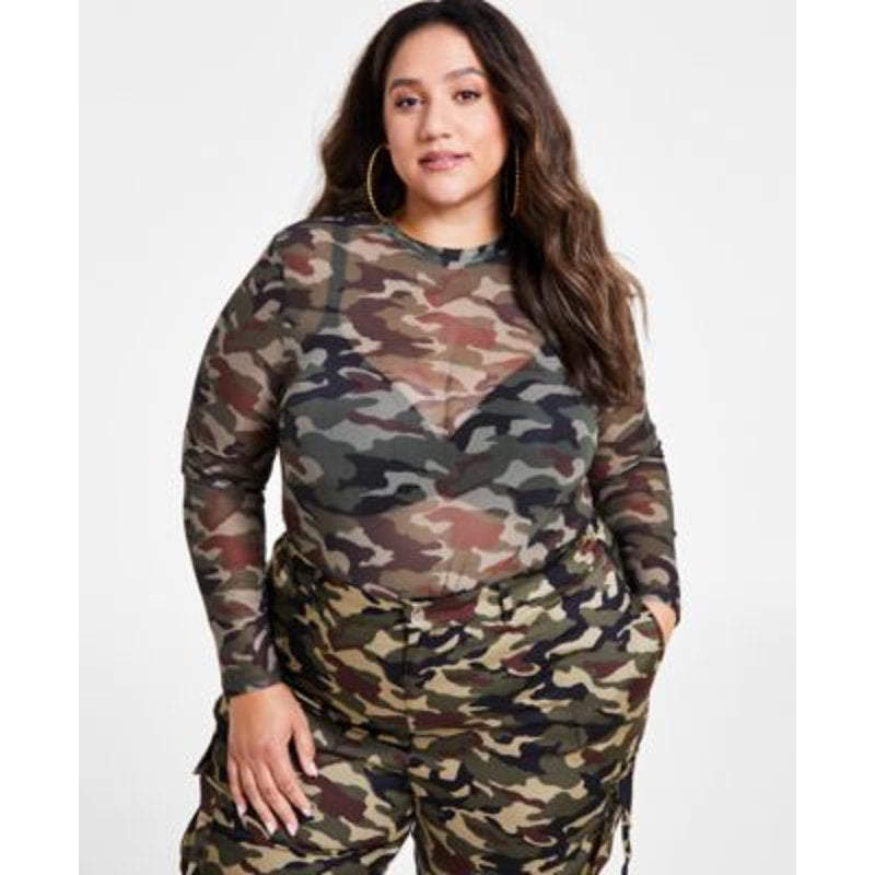 Nina Parker Women's Trendy Plus Size Camo Mesh Top in Camo