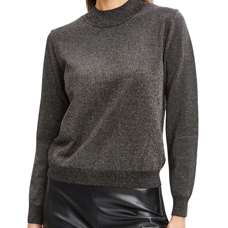 T Tahari Women's Metallic Mock-Neck Long Sleeve Top in Black Gold Lurex