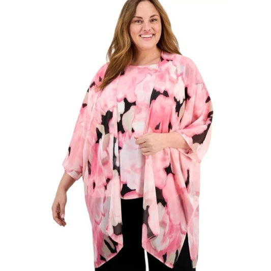 Anne Klein Women's Printed Open-Front Chiffon Wrap in Peony Pink Multi
