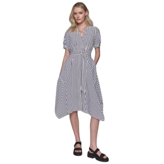KARL LAGERFELD PARIS Women's Stripe-Print Silky Soft Midi Dress in White Black