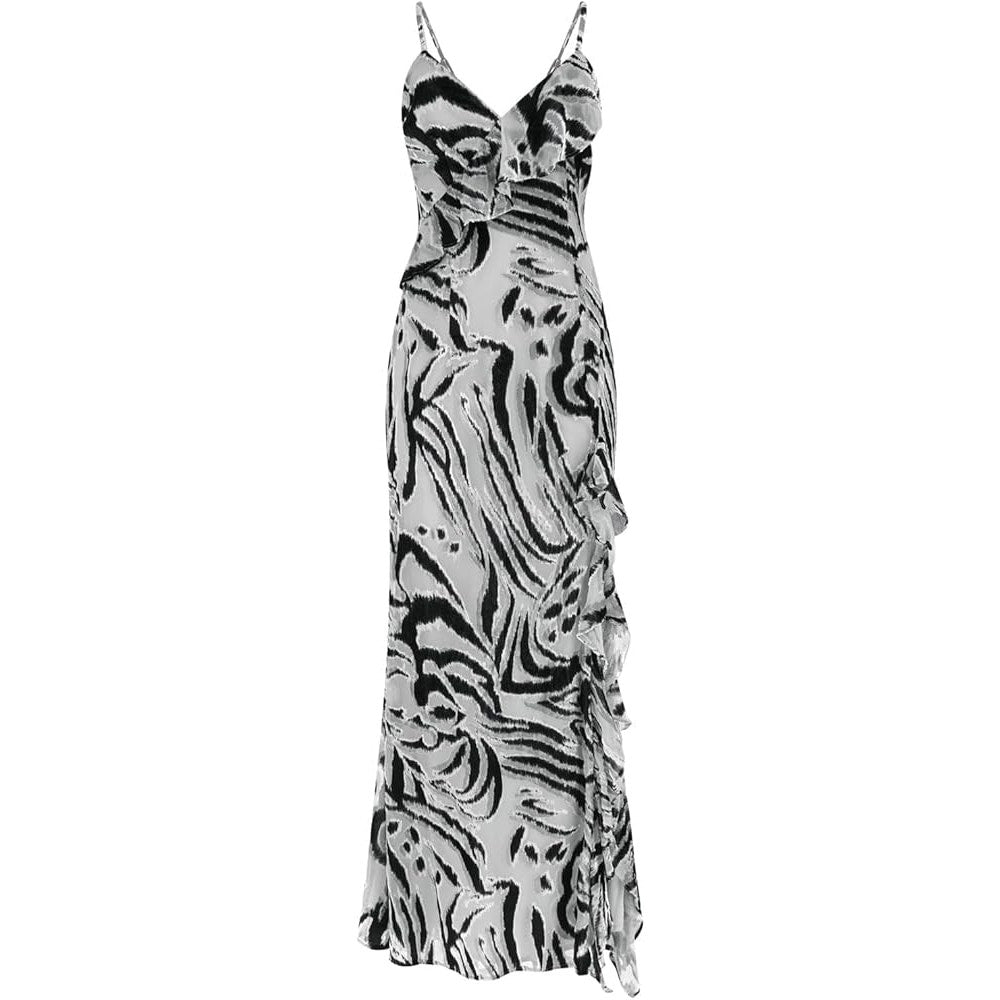 GUESS Women's "Lydie" Velvet Mesh Zebra Print Midi Dress in Black Gray