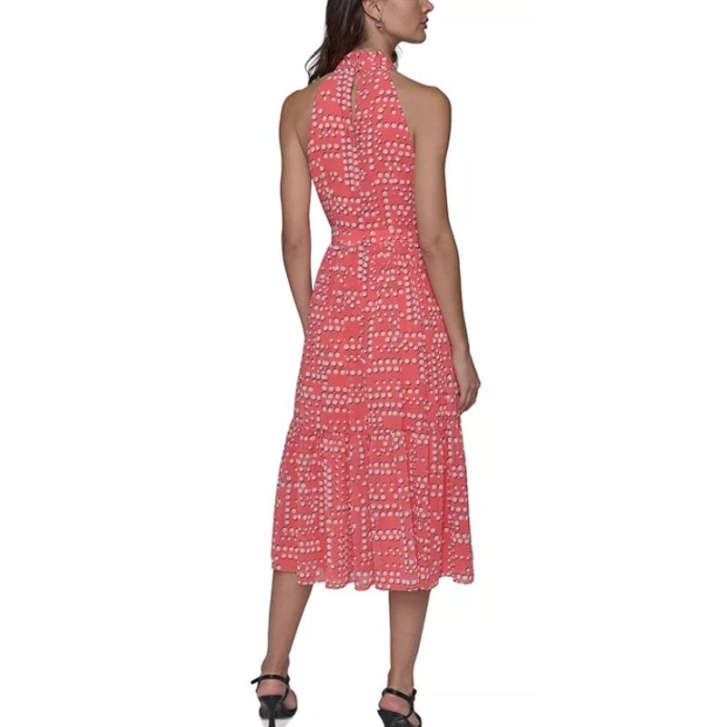 KARL LAGERFELD PARIS Women's Bow-Neck Halter Midi Dress in Sunset Coral Dot