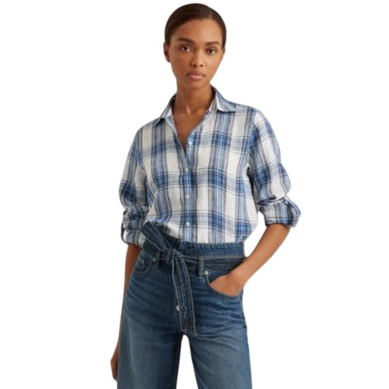 Ralph Lauren Women's Blue & White Plaid Roll Tab Sleeve Button Up, Size M