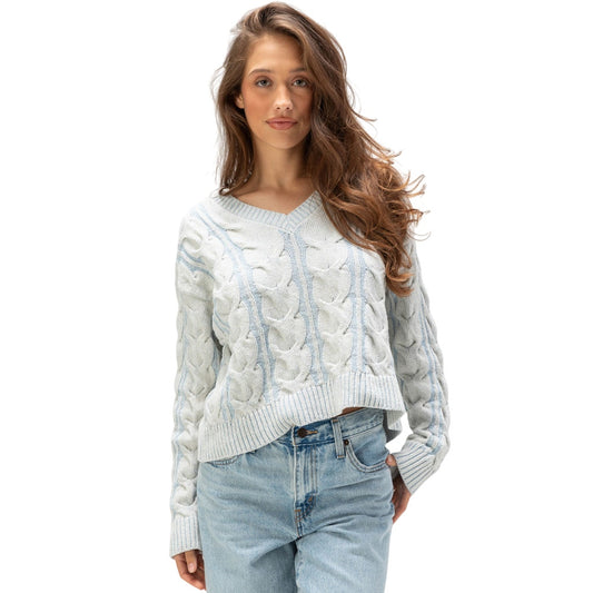 Free People Women's Washed Cable-Knit V-Neck Sweater in Pale Blue, Size XL