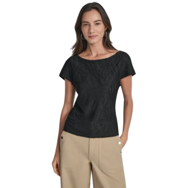 DKNY Women's Textured Boat-Neck Top in Black