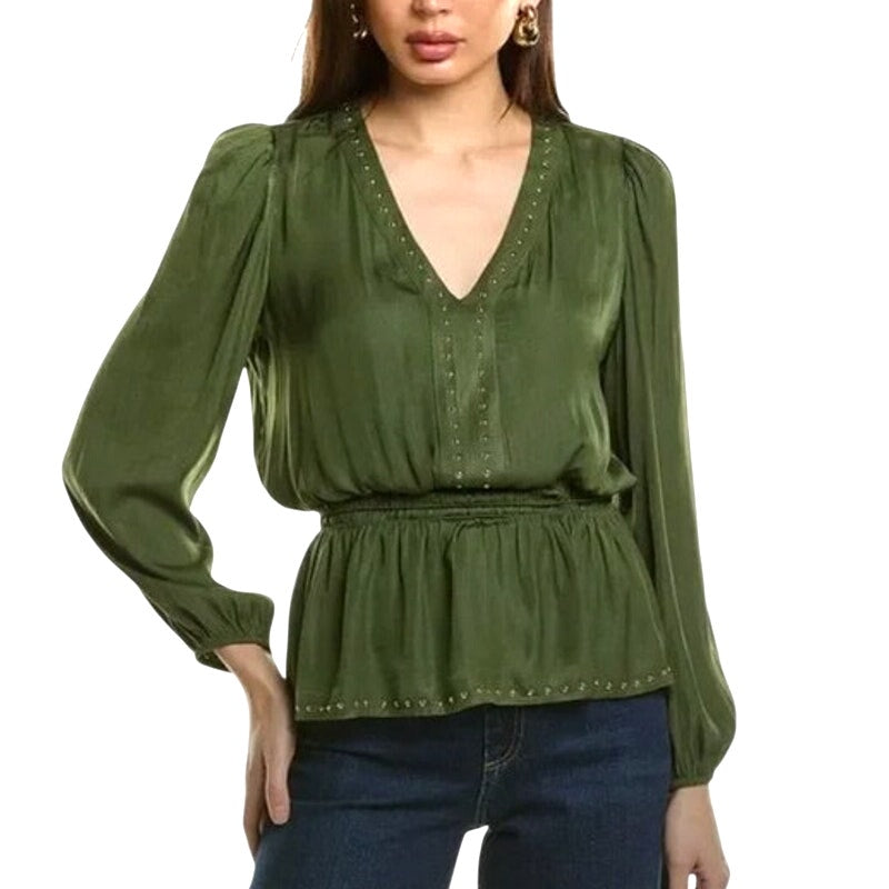 T Tahari Women's Grommet-Trim V-Neck Peplum Top in Autumn Green
