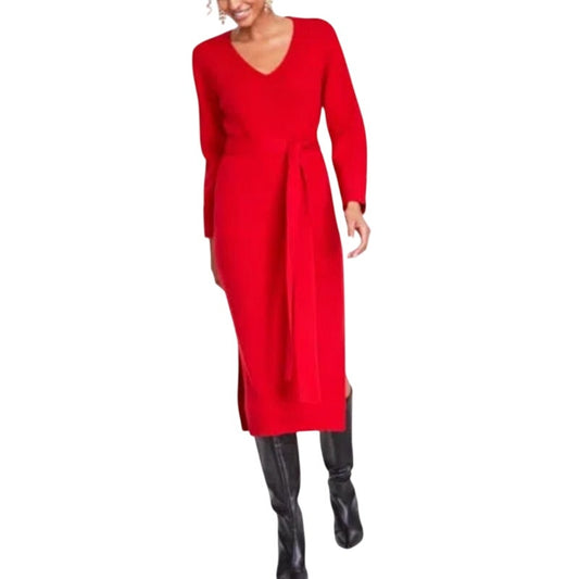 INC International Concepts Women's Tie-Waist Sweater Dress in Red Zenith