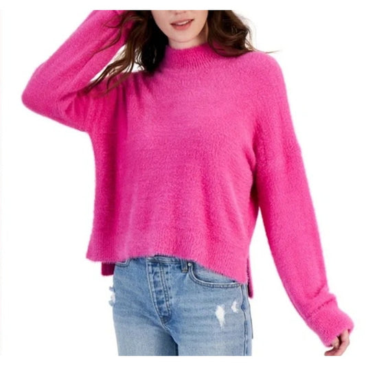 Hippie Rose Juniors Eyelash Knit Mock Neck Cuffed Sleeve Sweater in Vivid Pink