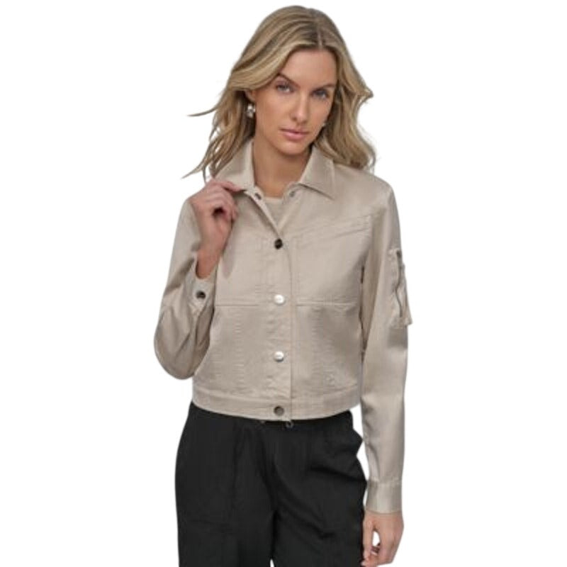 DKNY Women's Sateen Cropped Snap-Front Jacket in Light City Khaki