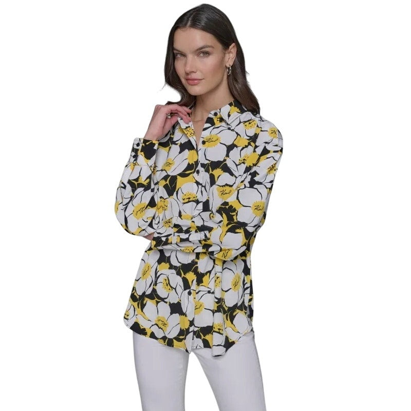 Karl Lagerfeld Paris Yellow & Black Floral Print Daffodil Button Front Blouse