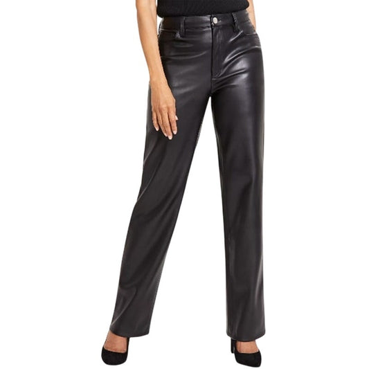 INC International Concepts Faux-Leather Straight-Leg Pants in Deep Black