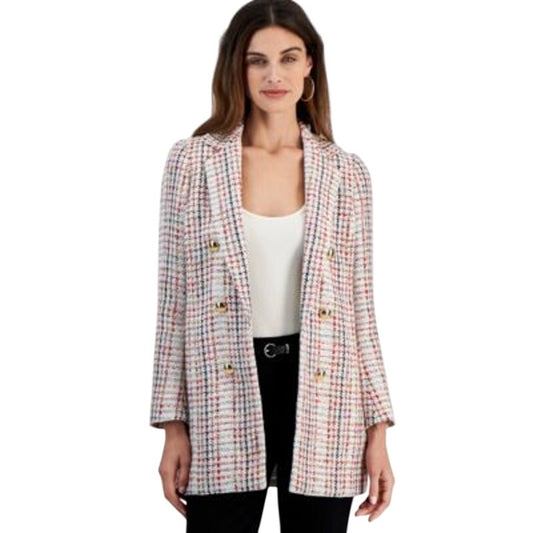 Anne Klein Women's Tweed Faux Double-Breasted Blazer Jacket in White Multi
