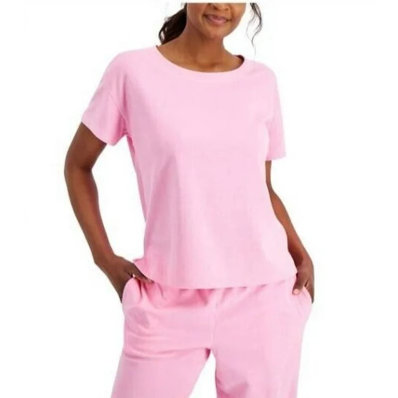 Jenni Women's Terry Cloth Crewneck Sleep Athleisure Top In Pink Heat