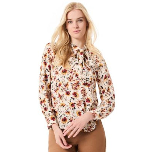 Jones New York Women's Floral-Print Tie-Neck Top in White Red Floral Print
