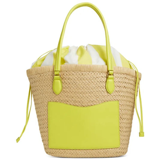 On 34th "Isabellaa" Straw Medium Drawstring Tote in Lime Yellow & White