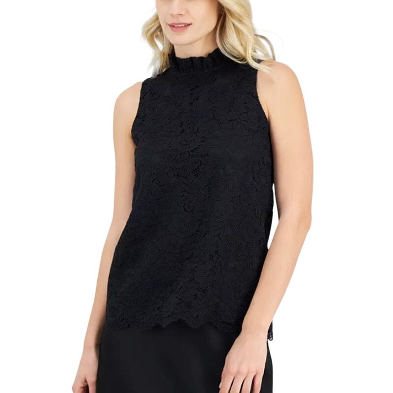 Anne Klein Women's Lace Overlay Bow-Back Ruffle-Neck Sleeveless Top in Black
