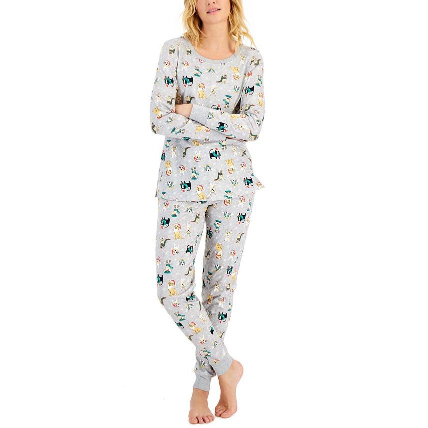 Family PJs Women's Matching Gray Holiday Cats & Dogs Pajama Set