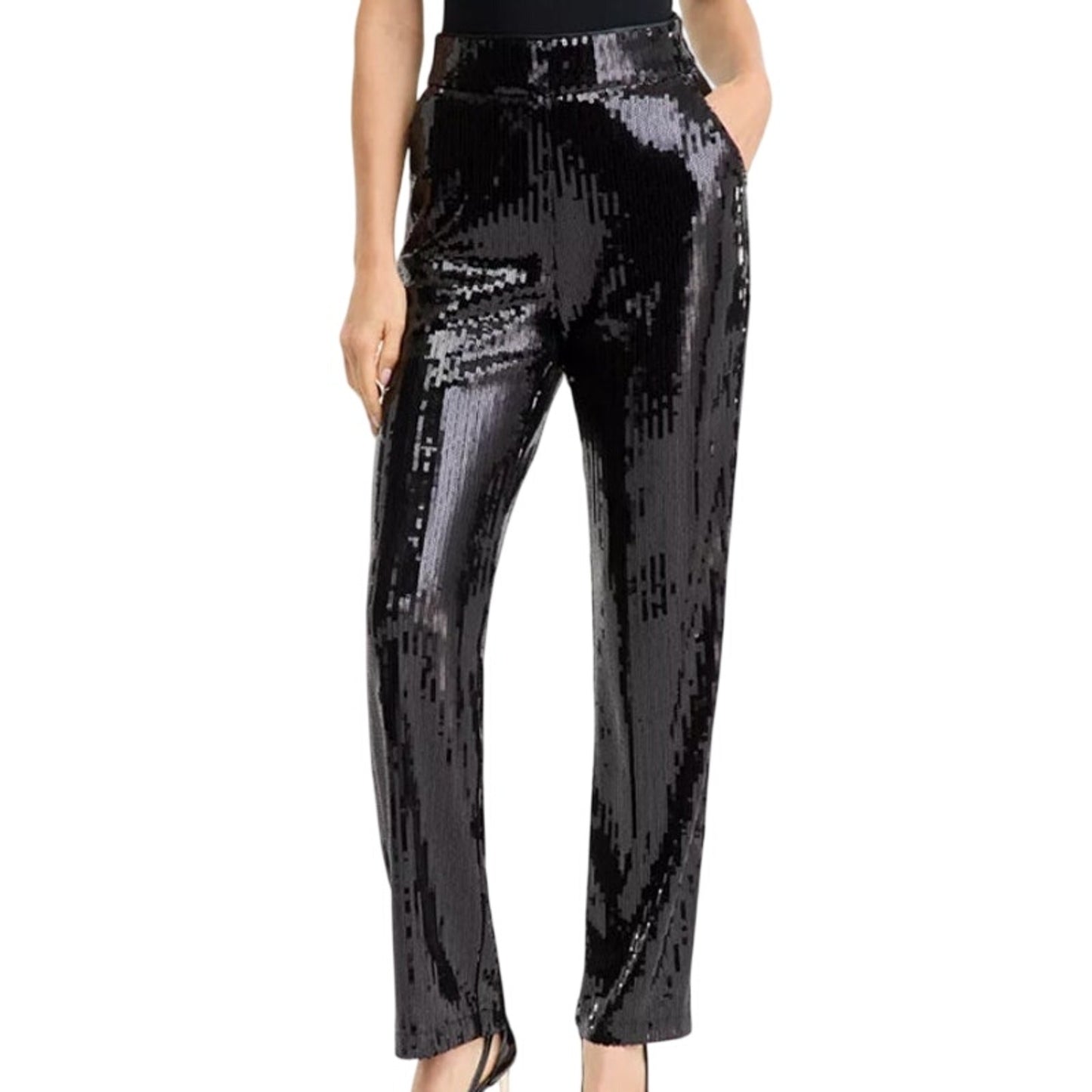 INC International Concepts Women's Sequin Straight Leg Pants in Deep Black