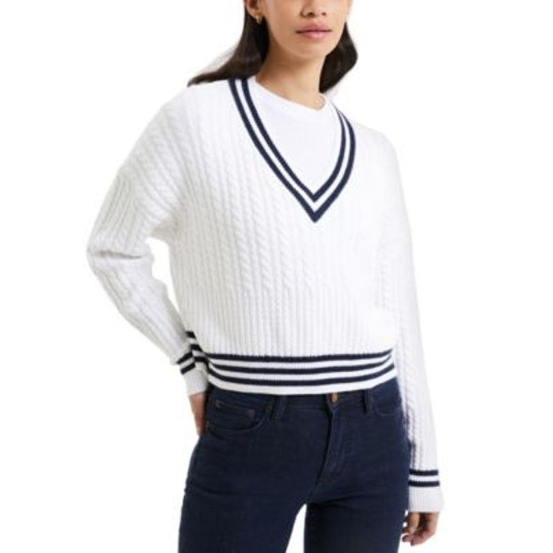 French Connection Women's 'Babysoft' V-Neck Varsity Sweater Winter White Duchess