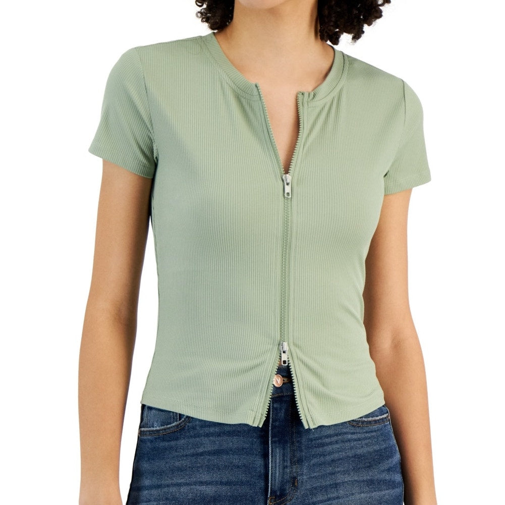 Planet Heart Juniors Double Zip Front Ribbed Top in Seagrass Green, Size Medium