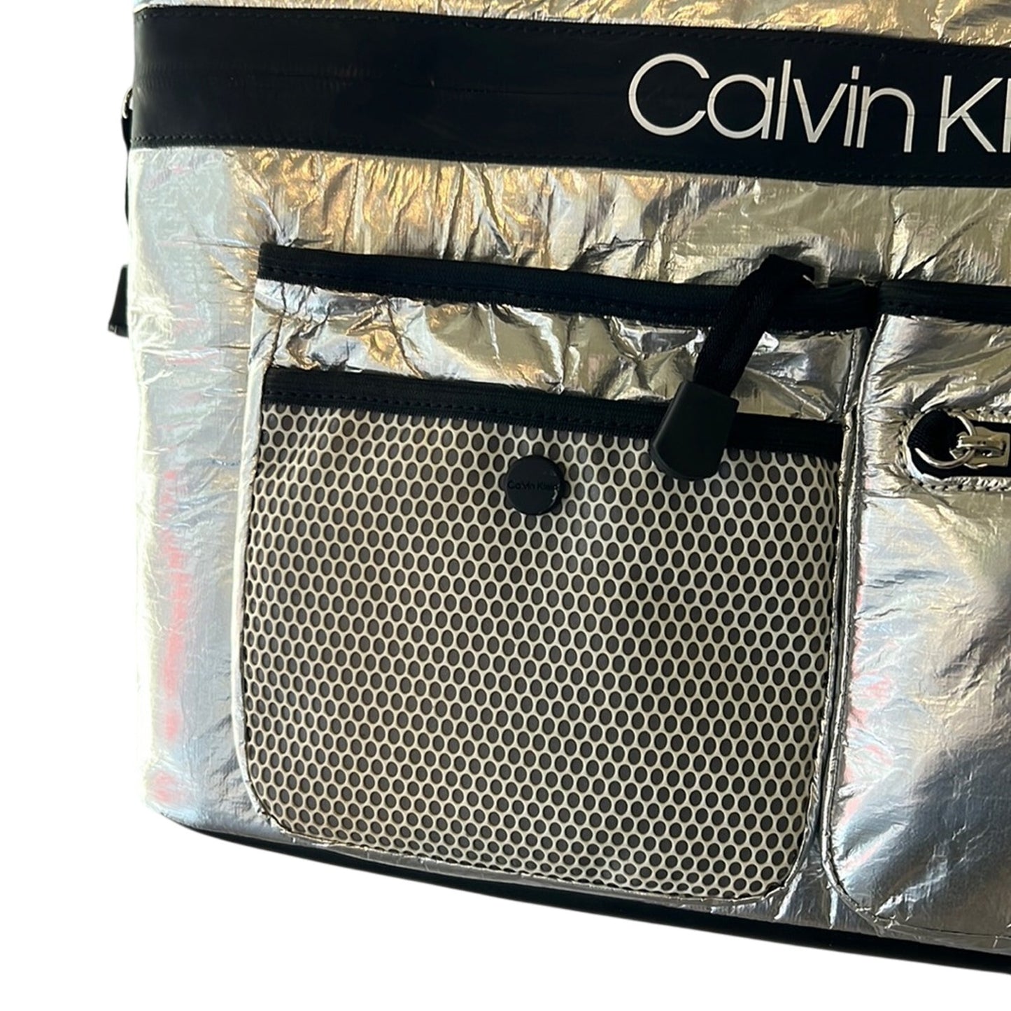 Calvin Klein Metallic Silver Tote Bag w/ Pockets & Black Details, NWT, $168