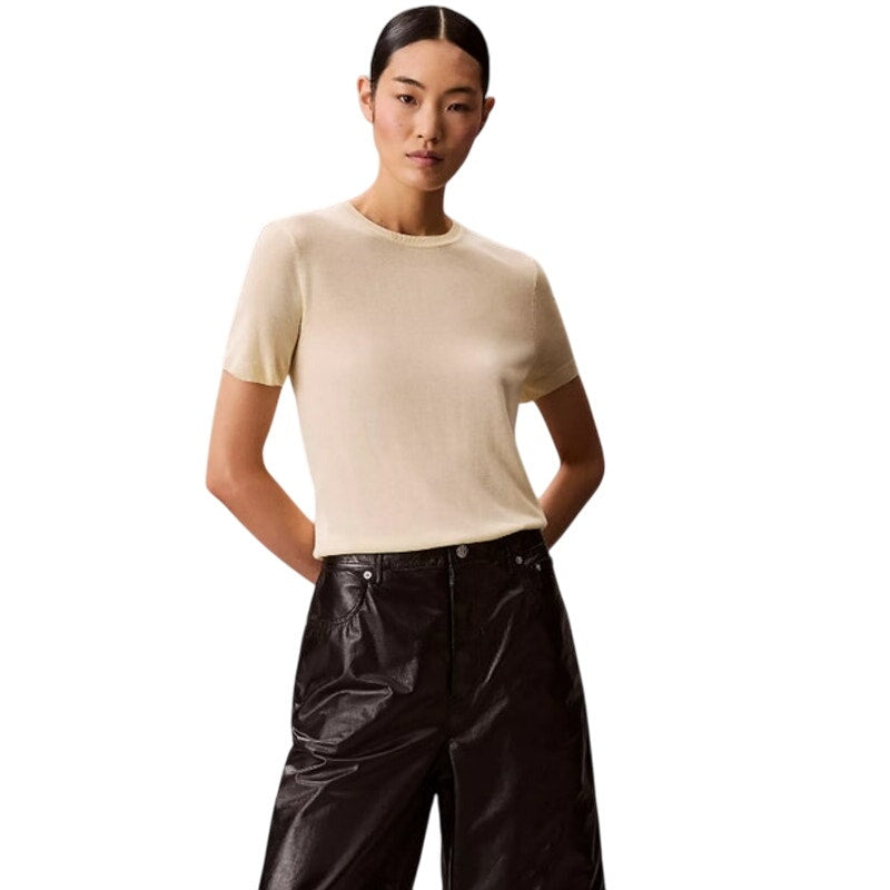 Calvin Klein Women's Fine Gauge Short Sleeve Sweater in Turtledove Tan