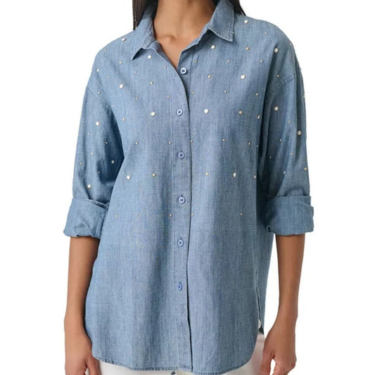 KARL LAGERFELD PARIS Women's Imitation Pearl Denim Top in Icelandic Blue Wash