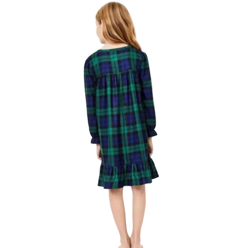 Family Pajamas Girl Kids Black Watch Blue & Green Plaid Nightgown, Size Medium 8