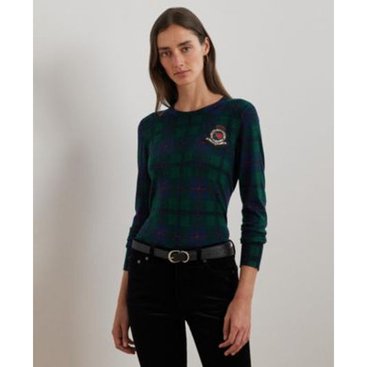Lauren Ralph Lauren Women's Black Watch Plaid Green Sweater w/  Beaded Crest
