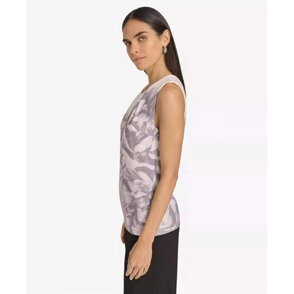 Calvin Klein Women's Petite Printed Pleated-Neck Sleeveless Top in Gray Multi