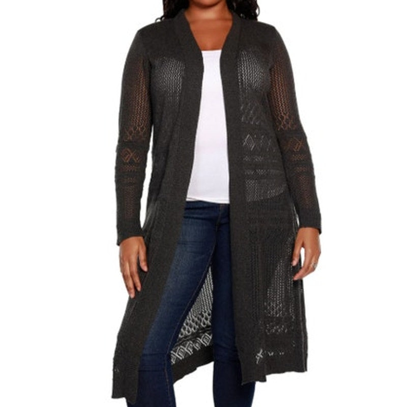 Belldini Women's Long-Sleeve Pointelle-Stitch Duster Cardigan in Black
