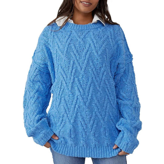 Free People Isla Cable Knit Oversized Sweater In Marine Blue, Size XL