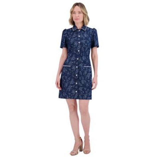 Eliza J Women's Floral Print Rhinestone-Trim Button Front Denim Dress