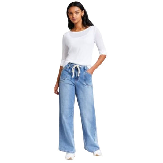 And Now This Women's High-Rise Wide-Leg Elastic Drawstring Jeans in Medium Wash