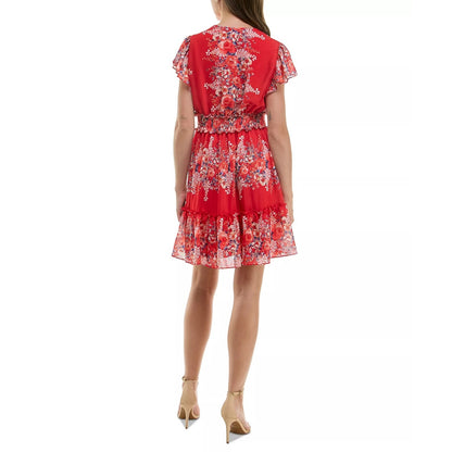 Taylor Women's Flutter-Sleeve Smocked-Waist Dress In Flame Denim Multi