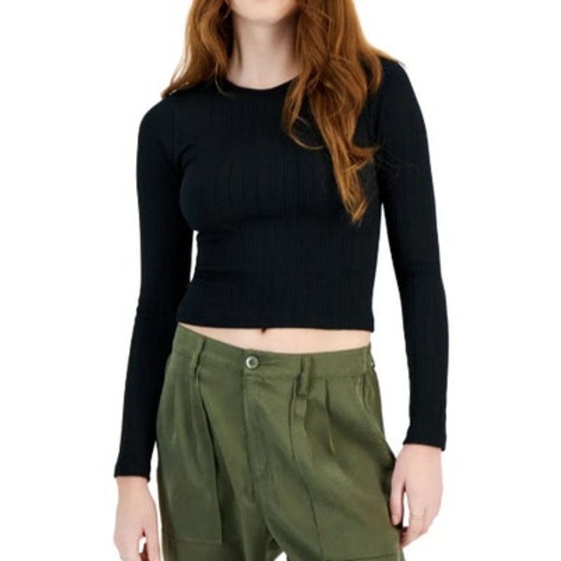 Planet Heart Juniors Ribbed Long Sleeve Crop Top in Black Beauty