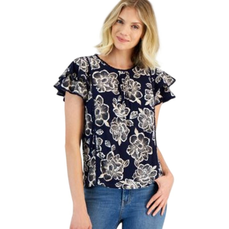 Nautica Jeans Women's Batik Rose Flutter Sleeve Top in Night Sky