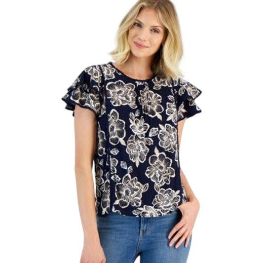 Nautica Jeans Women's Batik Rose Flutter Sleeve Top in Night Sky