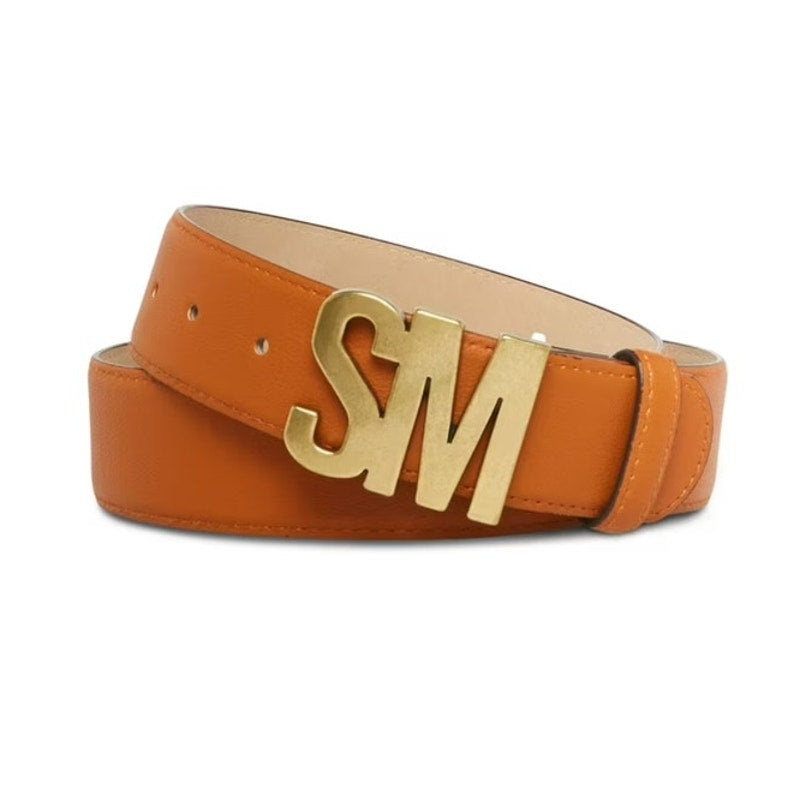 Steve Madden Women's Faux Leather SM Logo Belt, Cognac Brown, Size XL