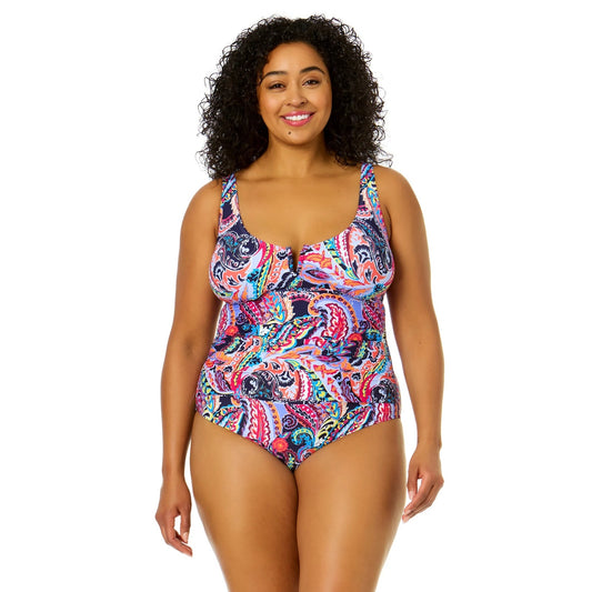 Anne Cole Plus Size Paisley Parade V-Wire One Piece Swimsuit