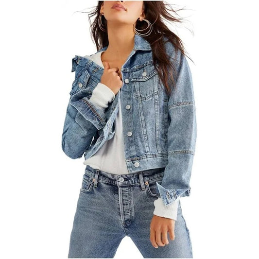 Free People Women's "Rumors" Denim Jacket in Light Indigo Blue, Size Medium