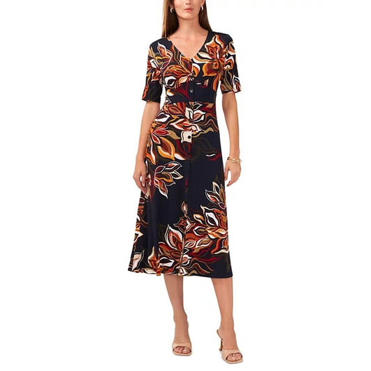 MSK Women's Short-Sleeve A-Line Midi Dress in Navy Blue & Rust Multi Print
