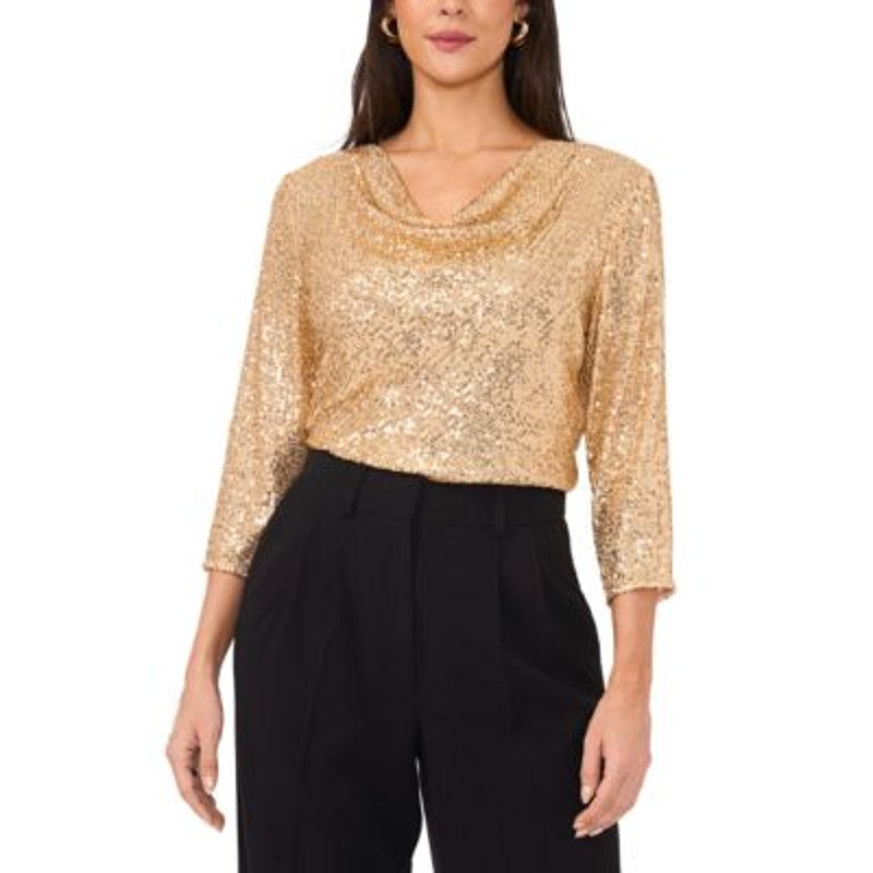 Vince Camuto Women's Sequined 3/4 Sleeve Cowl-Neck Top in Gold