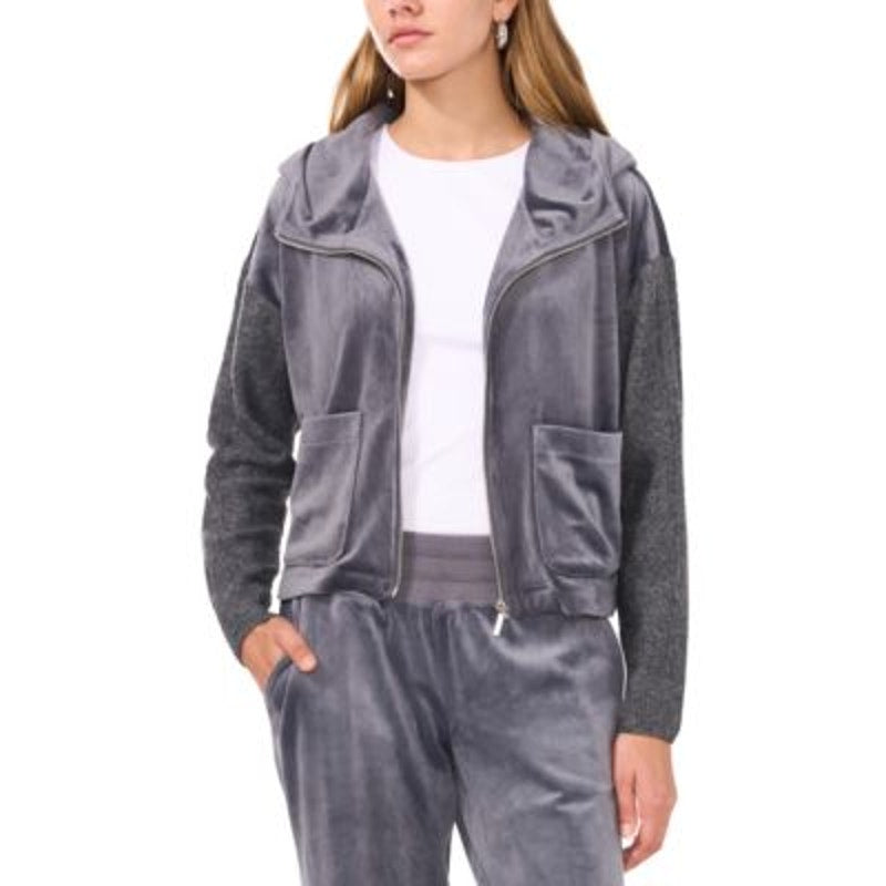 Vince Camuto Women's Crushed Velvet Zip-Front Sweater in Luxe Gray