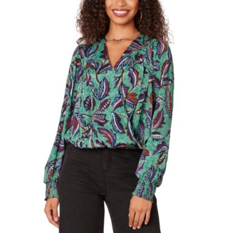 Democracy Women's Petite Surplice Blouson Top in Emerald Teal Feather Print