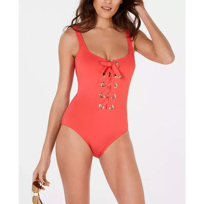 Michael Kors Lace-Up One-Piece Swimsuit In Coral