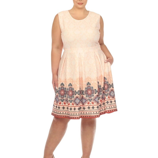 White Mark Women's Plus Size Fit & Flare Sleeveless Midi Dress in Orange Print