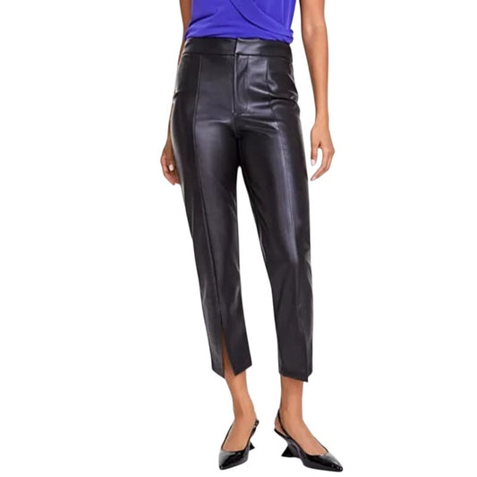 INC International Concepts Women's Faux-Leather Front-Slit Pants in Deep Black