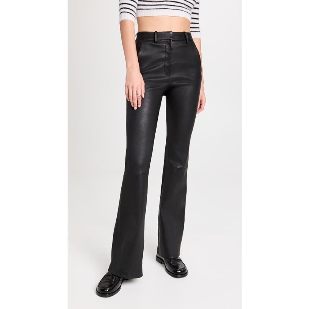 Theory Demitria High-Waist Leather Flared Pants Black, Size 4